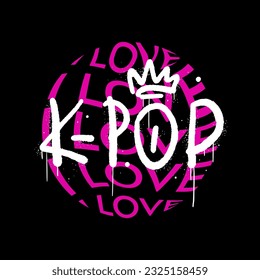 Impresión estética para los fanáticos del kpop, fanfarria, fanboying. Dibujo retro-urbano en grunge. Etiquetado de graffiti de K-pop. Efecto de pulverización para camisetas gráficas, ropa de calle - Obra vectorial.