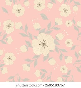    Aesthetic  printable seamless pattern with  flowers. Vintage  pink  backgroundbackground in minimalist style for fabric, Curtain ,   wallpaper or wrapping  skirt or Clothes .