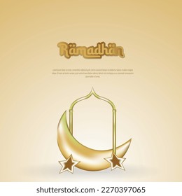 Aesthetic ramadan kareem design with blurry elements, windows, 3d gold stars. with a classic gold background