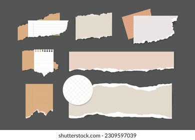 Aesthetic Realistic paper scraps with torn edges. Sticky notes, shreds of notebook pages. Vector illustration.