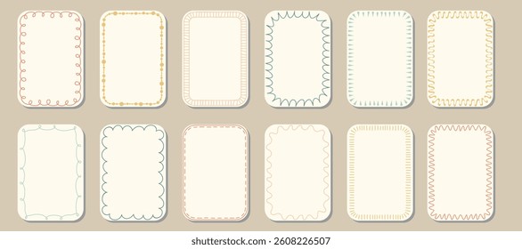 Aesthetic Rectangle stickers with playful, wavy, zigzag borders. Sticker frames with doodle outlines. Template for stationery, planner, social media graphic, handmade product label, tag, packaging