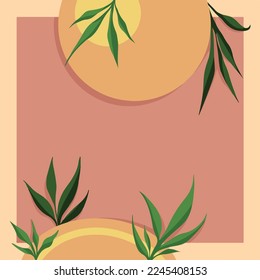 Aesthetic red brown geometrical trendy background with botanical natural leaves decoration vector wallpaper. Simple and flat styed backdrop with empty copy space for title or texts.