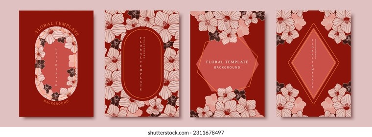 Aesthetic red floral template set with line style hibiscus.