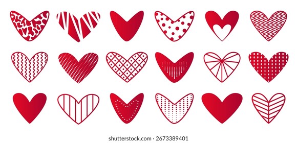 Aesthetic red gradient heart set. Trendy vector monochrome psychedelic hearts with various patterns, funky doodle clipart
