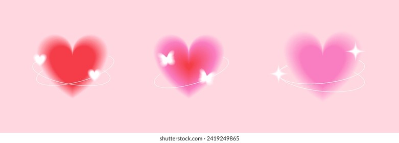 Corazones estéticos rojos y rosados gradientes y 2000 con líneas blancas y chispas. Elementos modernos de aura 2000 para banner, afiche, tarjetas, plantillas de diseño para el día de San Valentín. Vector