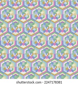 Aesthetic repeating mosaic textured background of organic hexagonal shapes. Exquisite seamless geometric surface pattern design of geometrical motifs. Allover printed multicolored pattern.