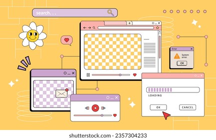 aesthetic retro 90s browser PC computer. Cute old computer ui elements, nostalgic pc icons and dialog boxes vector set. Illustration of computer screen 90s