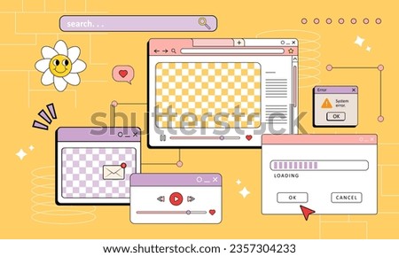 aesthetic retro 90s browser PC computer. Cute old computer ui elements, nostalgic pc icons and dialog boxes vector set. Illustration of computer screen 90s