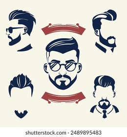 Ilustración estética del icono del logotipo del corte de pelo de los hombres de barbería retro