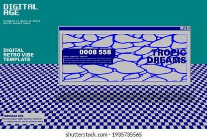 Aesthetic retro computer desktop and swimming pool ripple water surface in vintage windows dialog box frame on 3d tiles floor bacground, minimal summer and technology vibe, vintage tech feelings