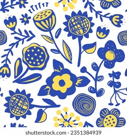 Aesthetic retro flowers in Scandinavian style seamless pattern. Decorative Naive boho background in minimalist style for fabric, wallpaper or wrapping, yellow and blue