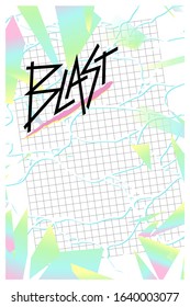 Aesthetic retro future-classic background illustration design, poster template, rainbow polygon geometric shapes and water ripple elements with grid line, - nostalgic 80s feelings