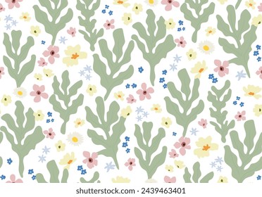 Aesthetic retro grrovy flowers seamless pattern. Spring florals and plants on white background. Vector illustration.