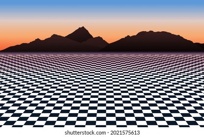 Aesthetic retro mountain landscape scene and checkered tile floor illustration, cool blue orange and brown vinatge - tech feeling