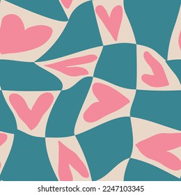 Aesthetic Retro Romantic printable groovy hearts seamless pattern  Decorative Hippie Naive 60's  70's style Vintage modern background in minimalist style for fabric  wallpaper wrapping