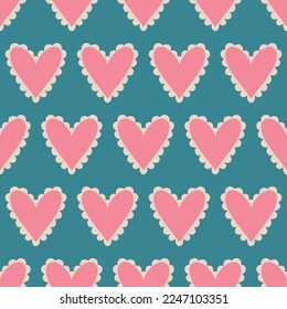 Aesthetic Retro Romantic printable groovy hearts seamless pattern. Decorative Hippie Naive 60's, 70's style Vintage modern background in minimalist style for fabric, wallpaper or wrapping
