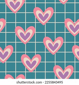 Aesthetic Retro Romantic printable groovy hearts seamless pattern. Decorative Hippie Naive 60's, 70's style Vintage modern background in minimalist style for fabric, wallpaper or wrapping