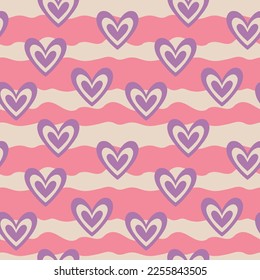 Aesthetic Retro Romantic printable groovy hearts seamless pattern. Decorative Hippie Naive 60's, 70's style Vintage modern background in minimalist style for fabric, wallpaper or wrapping
