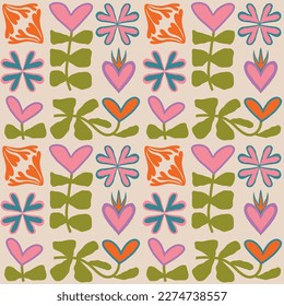 Aesthetic Retro Romantic printable groovy hearts seamless pattern. Decorative Hippie Naive 60's, 70's style Vintage modern background in minimalist style for fabric, wallpaper or wrapping