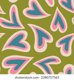 Aesthetic Retro Romantic printable groovy hearts seamless pattern. Decorative Hippie Naive 60's, 70's style Vintage modern background in minimalist style for fabric, wallpaper or wrapping