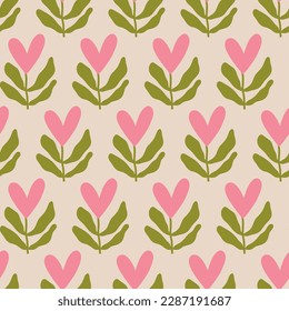 Aesthetic Retro Romantic printable groovy hearts seamless pattern. Decorative Hippie Naive 60's, 70's style Vintage modern background in minimalist style for fabric, wallpaper or wrapping