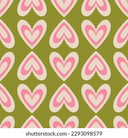 Aesthetic Retro Romantic printable groovy hearts seamless pattern. Decorative Hippie Naive 60's, 70's style Vintage modern background in minimalist style for fabric, wallpaper or wrapping