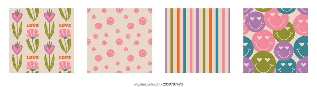 Aesthetic Retro Romantic printable groovy hearts seamless pattern. Decorative Hippie Naive 60's, 70's style Vintage modern background in minimalist style for fabric, wallpaper or wrapping
