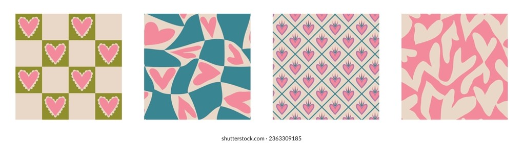 Aesthetic Retro Romantic printable groovy hearts seamless pattern. Decorative Hippie Naive 60's, 70's style Vintage modern background in minimalist style for fabric, wallpaper or wrapping