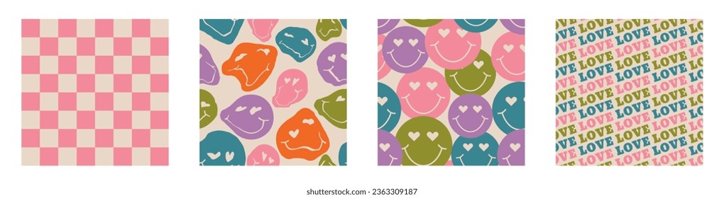 Aesthetic Retro Romantic printable groovy hearts seamless pattern. Decorative Hippie Naive 60's, 70's style Vintage modern background in minimalist style for fabric, wallpaper or wrapping