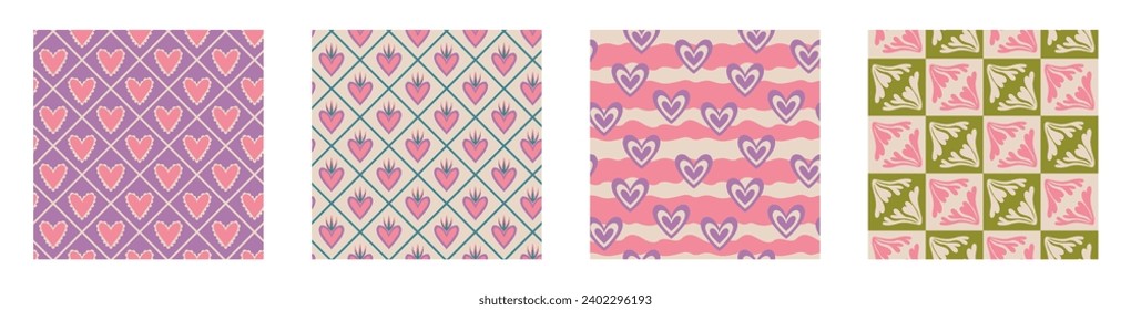 Aesthetic Retro Romantic printable groovy hearts seamless pattern. Decorative Hippie Naive 60's, 70's style Vintage modern background in minimalist style for fabric, wallpaper or wrapping