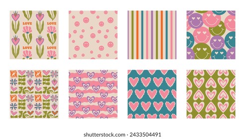 Aesthetic Retro Romantic printable groovy hearts seamless pattern. Decorative Hippie Naive 60's, 70's style Vintage modern background in minimalist style for fabric, wallpaper or wrapping