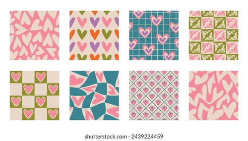 Aesthetic Retro Romantic printable groovy hearts seamless pattern. Decorative Hippie Naive 60's, 70's style Vintage modern background in minimalist style for fabric, wallpaper or wrapping