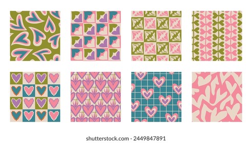 Aesthetic Retro Romantic printable groovy hearts seamless pattern. Decorative Hippie Naive 60's, 70's style Vintage modern background in minimalist style for fabric, wallpaper or wrapping