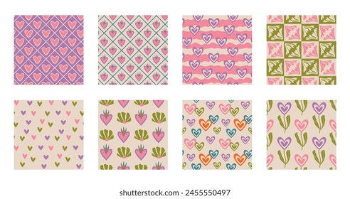 Aesthetic Retro Romantic printable groovy hearts seamless pattern. Decorative Hippie Naive 60's, 70's style Vintage modern background in minimalist style for fabric, wallpaper or wrapping