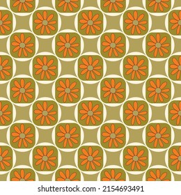 Aesthetic retro seamless pattern with flowers and geometric shapes in 70s style. Perfect for home decor, wrapping paper fabric and wallpaper design.