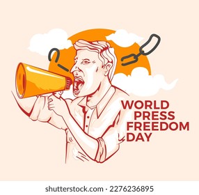 Aesthetic retro style world press freedom day background design with a sun behind the journalist, a broken chain, and some clouds, the journalist is holding a megaphone