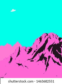 Aesthetic retro - vintage minimal flat design of mountain landscape and UFO illustration in bright neon pastel colour