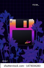 Aesthetic - retrowave floppy disk icon and ultraviolet orchid flowers on digital square line tiles background, 80s - 90s technology style inspiration