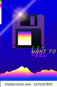 Aesthetic - retrowave floppy disk icon and neon gradient elements on digital dithering background, 80s - 90s technology style inspiration