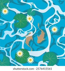 Aesthetic river illustration with some water hyacinth leaves, flowers and 2 goldfish, vector image