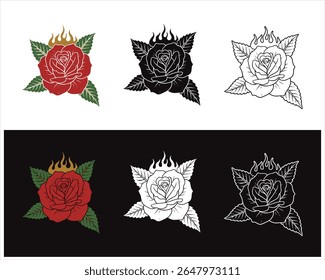 Aesthetic Rose Tattoo Designs Featuring Flames, Leaves, and Varied Color Palettes Presenting Classic and Modern Approaches to Body Art