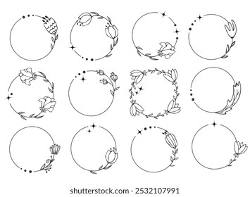 Ästhetische runde, handgezeichnete Rahmen mit Blumen und Sternen.Rahmen für Banner, Hochzeit, Grußkartendesign, Vektorsatz