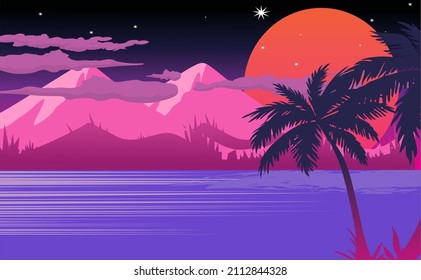 aesthetic scenery beach and mountains sunrise vector illustration dreamwave retrowave