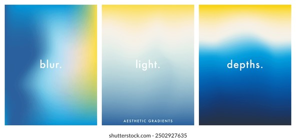 Aesthetic sea background set. Blue. Ocean. Seaside. Blurred sea wave gradient. Pastel colored vertical vector banner. Simple soft light backdrop. Gradient template design for poster, social post