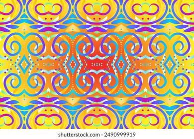 Aesthetic seamless colourful flowers and leaf line art pattern batik of indonesian traditional dayak 