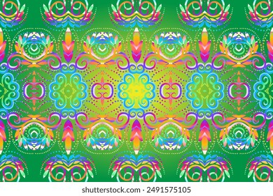 Aesthetic seamless colourful flowers and leaf line art pattern batik of indonesian traditional dayak 