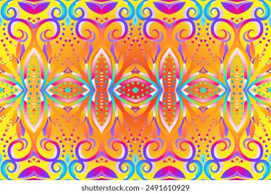Aesthetic seamless colourful flowers and leaf line art pattern batik of indonesian traditional dayak 