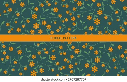 Aesthetic seamless floral pattern with bright orange flowers and green leaves on a dark teal background. Perfect for textile, wallpaper, invitations, fabric, and vintage retro designs.