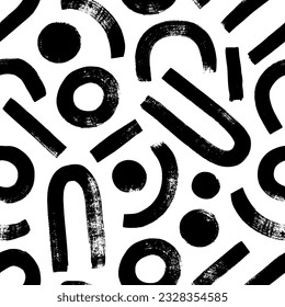 Aesthetic seamless pattern with arches, circles and straight line. Brush drawn bold geometric shapes seamless pattern. Minimalist vector Illustrations with arches and round shapes. Boho style.