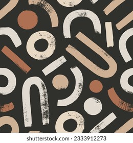 Aesthetic seamless pattern with arches, circles and straight line in neutral beige colors. Brush drawn bold geometric shapes pattern. Minimalist vector Illustrations with arches and round shapes